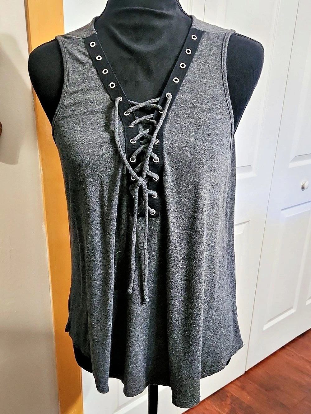 Charcoal Gray Lace-Up Tank Top with Black Trim